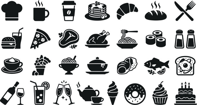 Restaurant food and cafe menu black silhouette glyph icon set featuring chef hat coffee burger pizza steak sushi pastry dessert and dinner beverage symbols
