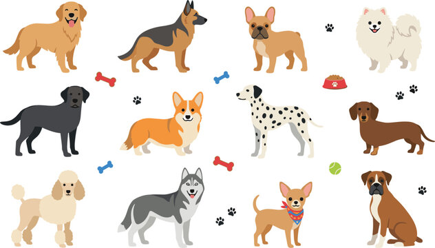 Popular dog breeds cartoon vector icon set featuring golden retriever german shepherd french bulldog pomeranian corgi dalmatian dachshund husky poodle chihuahua and boxer symbols