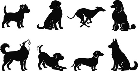 Dog breeds silhouette vector icon set featuring puppy shapes labrador retriever running greyhound poodle howling husky dachshund and german shepherd contours © Rakib