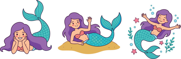 Cute little mermaid cartoon vector character set featuring purple hair mermaids lying down waving hand on sand and swimming underwater with seaweeds and starfish © Rakib