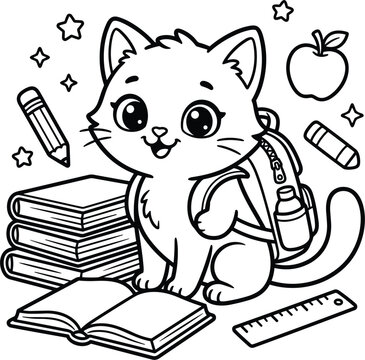 Cute back to school cat coloring page vector line art illustration featuring cartoon kitten with backpack books pencils apple and ruler stationaries
