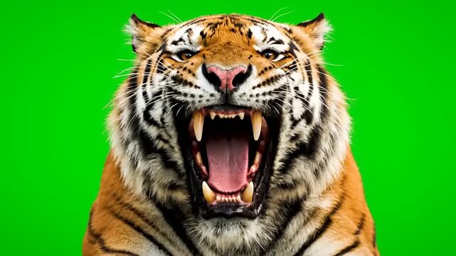 Close up of a roaring tiger with mouth open on a green screen background.