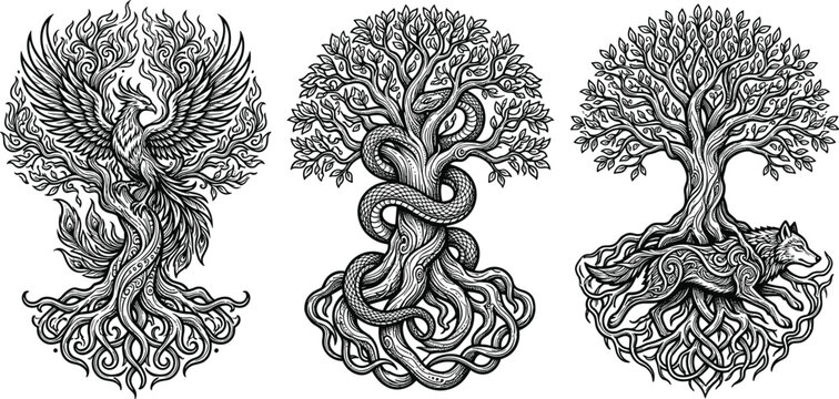 Intricate Mythical Creatures Tree of Life Silhouette Vector Set for Coloring Pages and Mystical Designs
