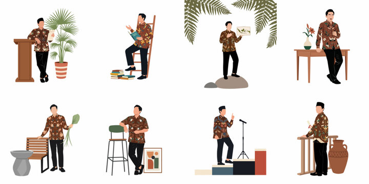 Flat illustration set of an Indonesian man in traditional batik shirts across various scenarios including teaching, speaking, and lifestyle poses.