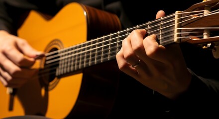 Obraz premium Close up of musician playing classical acoustic guitar in dark studio