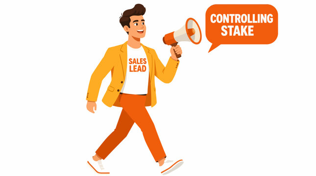 Man holding megaphone with controlling stake text.