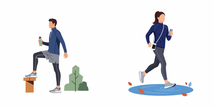 Flat illustration of a man and a woman performing outdoor fitness activities like stepping and running during autumn in a park.
