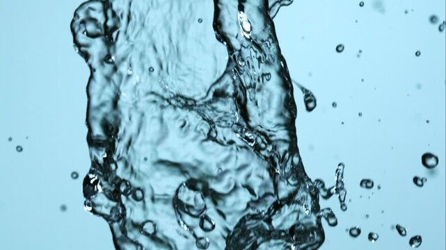 Graceful dancing water streams flowing and splashing in slow motion against a clean bright blue studio background