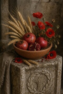 A terracotta bowl with pomegranates, wheat, and poppies on an altar.