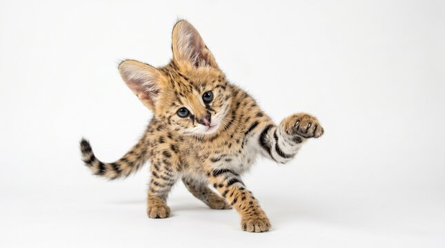 Adorable baby serval kitten with big ears and spotted fur, playful pose, pure white studio background