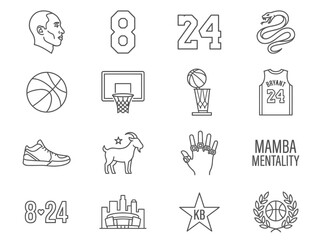 Fototapeta premium Collection of outline icons celebrating basketball excellence and the enduring legacy of an iconic athlete. Features symbols of sport, achievement, and legendary influence