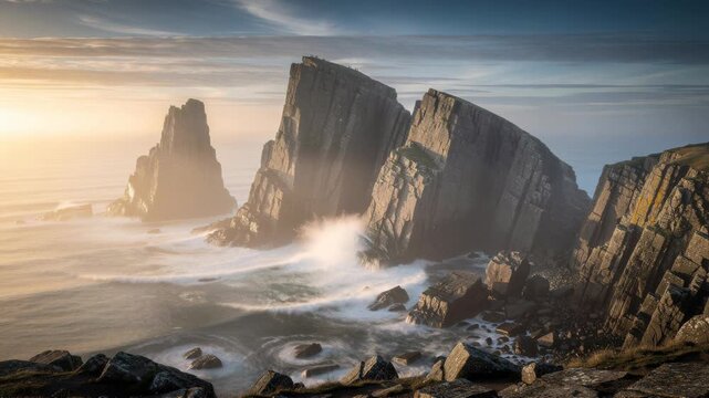 Dramatic coastal scene with towering sea cliffs bathed in soft golden light at sunset