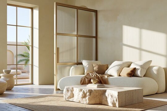 Quiet luxury living room featuring a full-height reeded partition, modern sofa with cushions, and a stone coffee table, illuminated by natural light from large windows