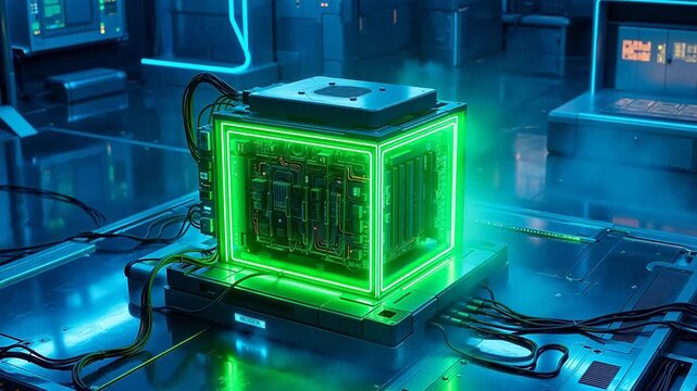Futuristic glowing cube in lab