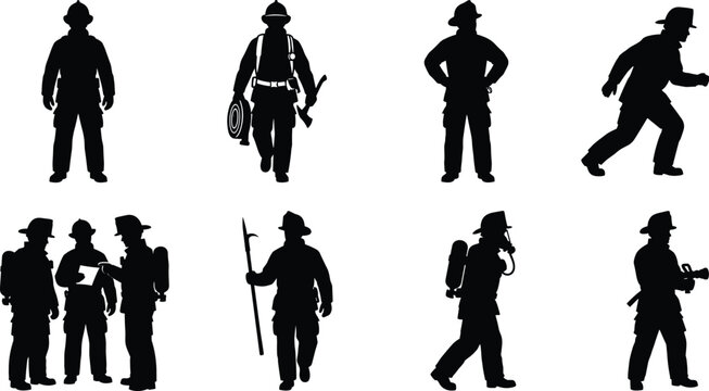 Professional Firefighter Silhouette Collection with Emergency Responders Holding Equipment in Various Action Poses and Standing Positions