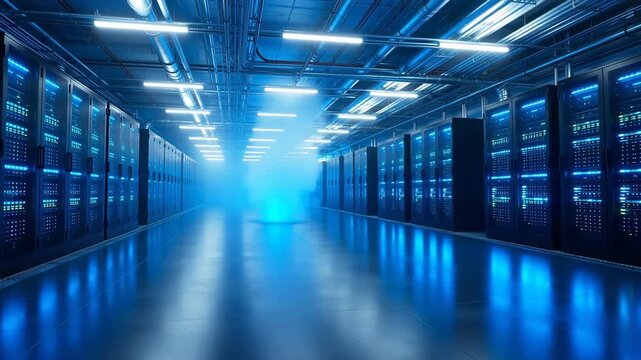 Server room with blue lighting