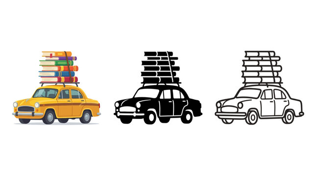 Three cars with piles of books on top for education or moving concept  learning and transportation