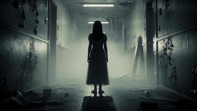 Mysterious shadowy girl in long dress standing in fog filled abandoned decaying hallway