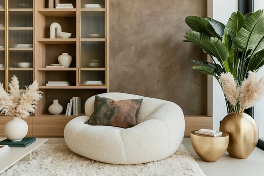 Quiet luxury living room featuring a reeded glass cabinet, plush round chair, decorative plants, and neutral tones creating a serene and modern interior design aesthetic