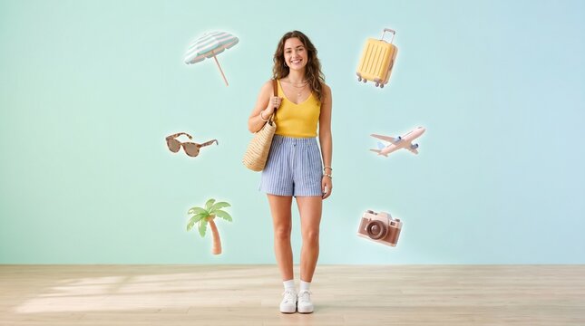 Young Traveler with Floating Summer Vacation Icons on Pastel Studio Background