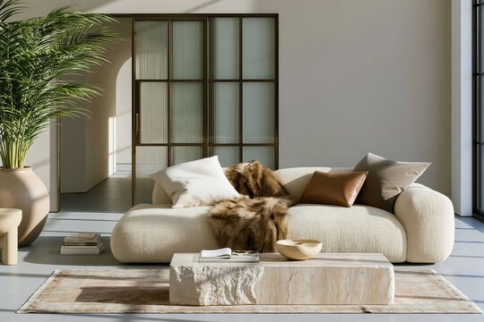 Quiet luxury living room featuring a plush sofa with decorative pillows, a textured coffee table, and a reeded glass sliding door in a modern interior setting