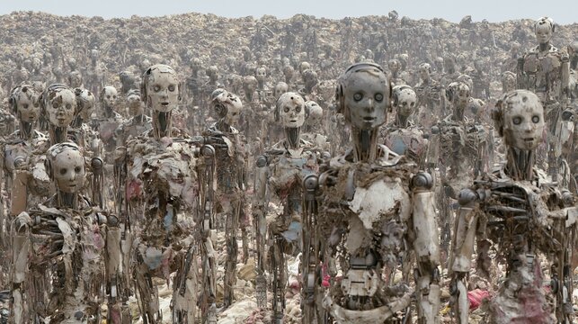 Humanoid AI robots in a dystopian landscape, showcasing broken and decayed figures amidst a desolate environment filled with debris and remnants of technology