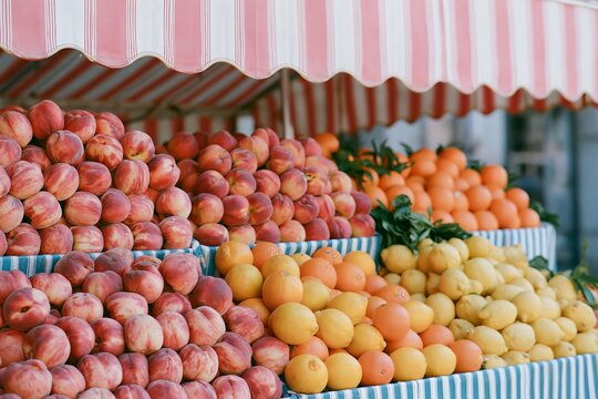 Fruit stand display featuring vibrant peaches, lemons, and oranges arranged in neat rows under a striped awning, showcasing fresh produce in a market setting