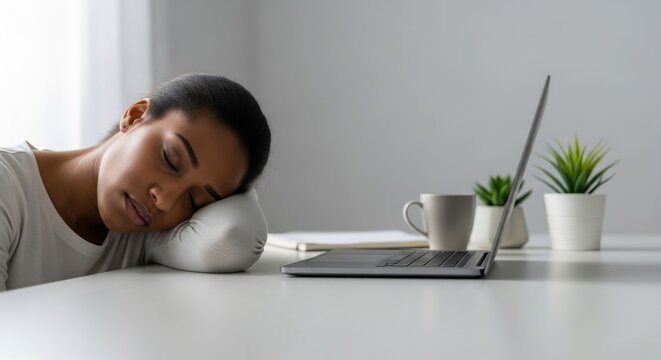 Young Black woman sleeping peacefully with her head on her arm at a white desk, next to a laptop and plants in a bright home office