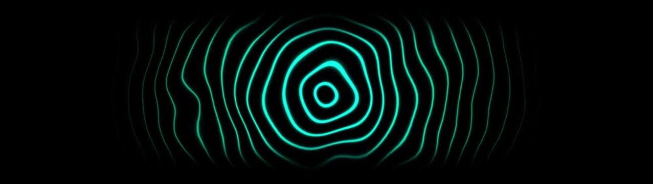 Neon cyan concentric ripples abstract motion background, glowing pulsing sound wave animation for digital technology and futuristic visual
