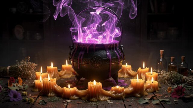 Mystical black cauldron bubbling with glowing purple potion surrounded by melting magical elements