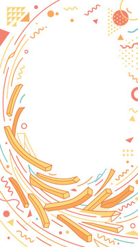 Dynamic french fries swirling in colorful Memphis style food background with geometric patterns