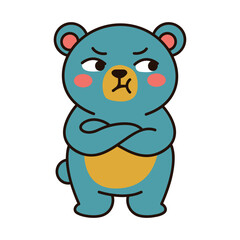A cute blue cartoon bear mascot with a grumpy expression and crossed arms.