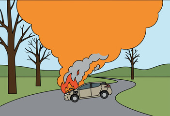Dramatic scene: an electric vehicle bursts into flames, releasing hazardous vapor. A public safety alert warns of airborne danger. Vivid orange and gray tones create a striking visual. © Vector Factory