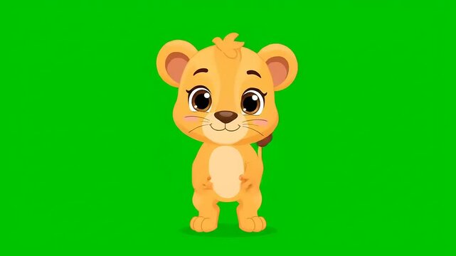 Cute cartoon lion cub dancing happily on a green screen background.