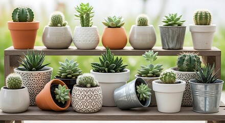 Fototapeta premium Variety of small potted succulents on shelves.
