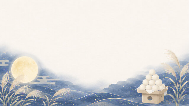 Japanese moon viewing tsukimi dango background with pampas grass, with copy space, flat illustration style