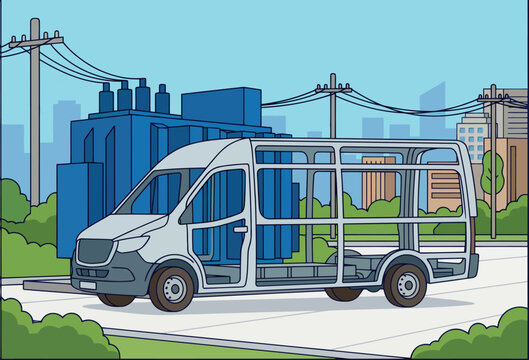 An urban electric vehicle rests, showcasing logistical challenges due to slow charging. A modern city backdrop highlights the issue of E mobility.