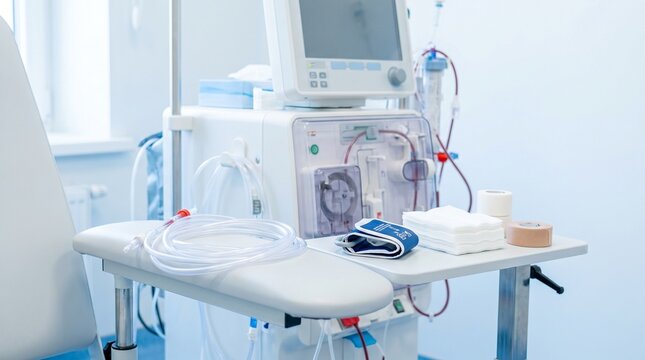 Hemodialysis machine with sterile tubing, gauze, tape and blood pressure cuff prepared beside a dialysis chair in a clean nephrology clinic.