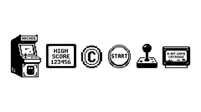 Pixel art arcade game elements in a vector graphic illustration
