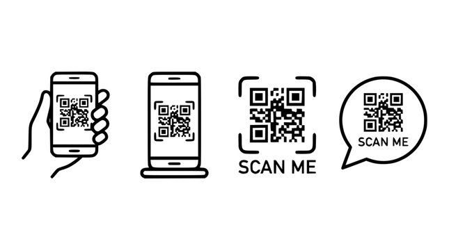 Vector graphic illustration of QR code scan me icons on devices