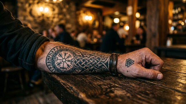 Viking Tattooed Arm with Vegvisir and Knots on Rustic Table Background