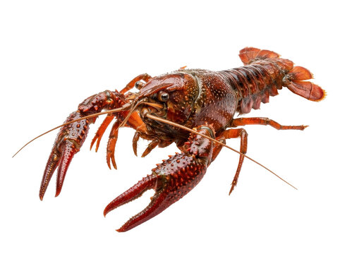 A vibrant red crawfish isolated on a white background, showcasing its claws and body in a close-up macro shot.