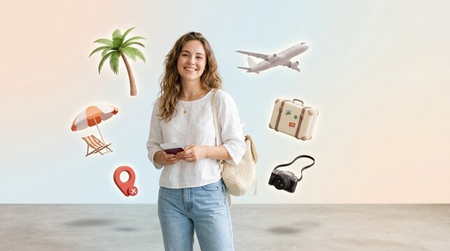 Digital Summer Travel Planning Concept with Floating Vacation Symbols