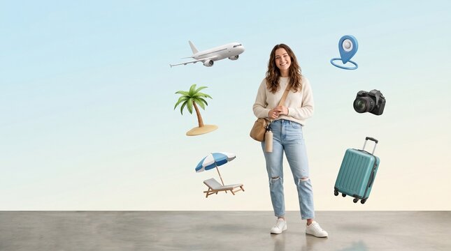 Digital Summer Travel Planning Concept with Floating Vacation Symbols