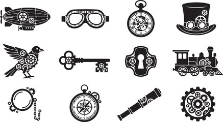 Steampunk silhouette vector elements set with vintage mechanical gears, airship, and pocket watch icons. © RobiulIslam