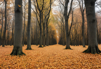 Fototapeta premium Autumn forest path covered with fallen leaves