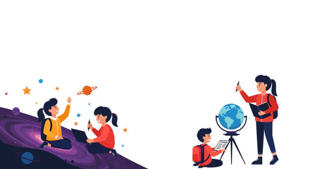 Fototapeta premium Children learning about space and geography with laptops and globes.