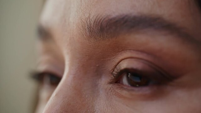 Detailed view woman eyes after makeup application showing natural aesthetic. 