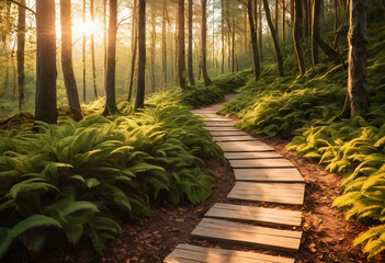 Fototapeta premium Sunlit wooden path winding through lush green forest