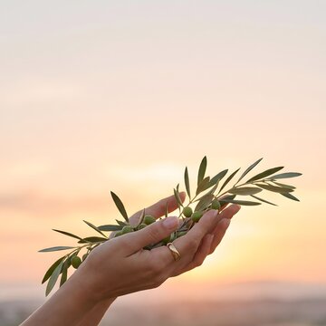 International peace day hands holding olive branch at sunset